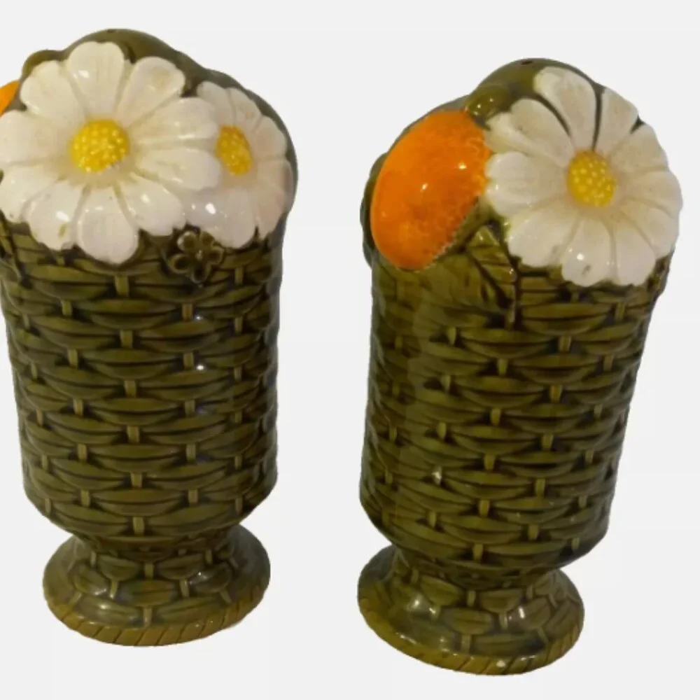 Antique Salt+Pepper Ceramic Shakers Basket Weave w/Flowers Hand Painted Tall